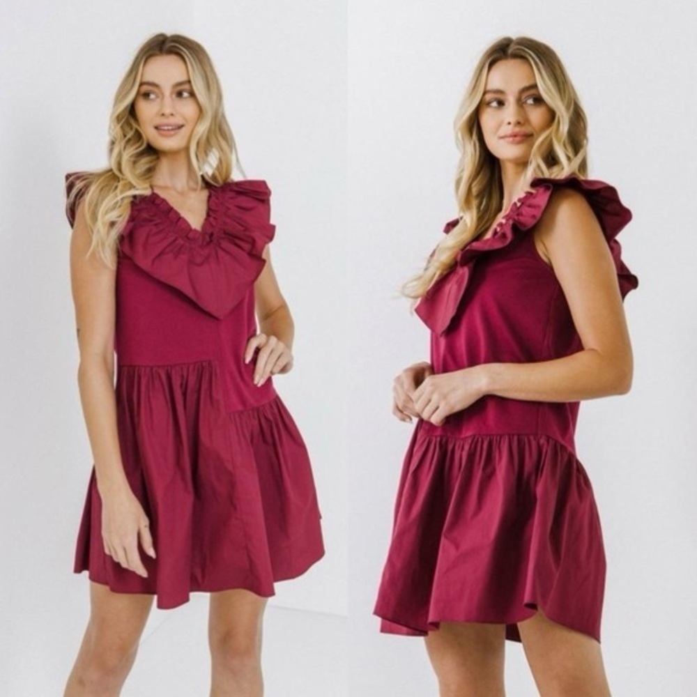 English Factory Ruffle Mini Dress Burgundy | Knit Waist‎ | Size M